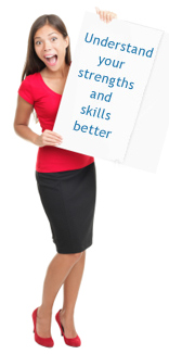 Redundancy advice image shows lady holding a sign saying Understand Your Strengths and Skills Better